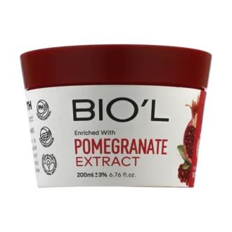 ماسک مو بیول، حجم 200 میلی‌لیتر، تقویت کننده، ترمیم کننده، حجم دهنده، مغذی، احیا کننده، سازگار با موهای رنگ شده و آسیب‌دیده، دارای عصاره انار، مدل pomegranate